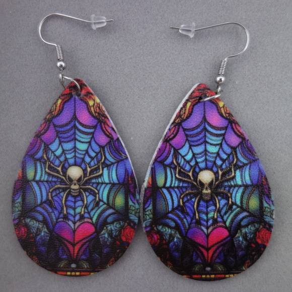 3/$25 Skull Spider Creepy Stained Glass Look Dangle Teardrop Tear Drop Earrings - Picture 1 of 2